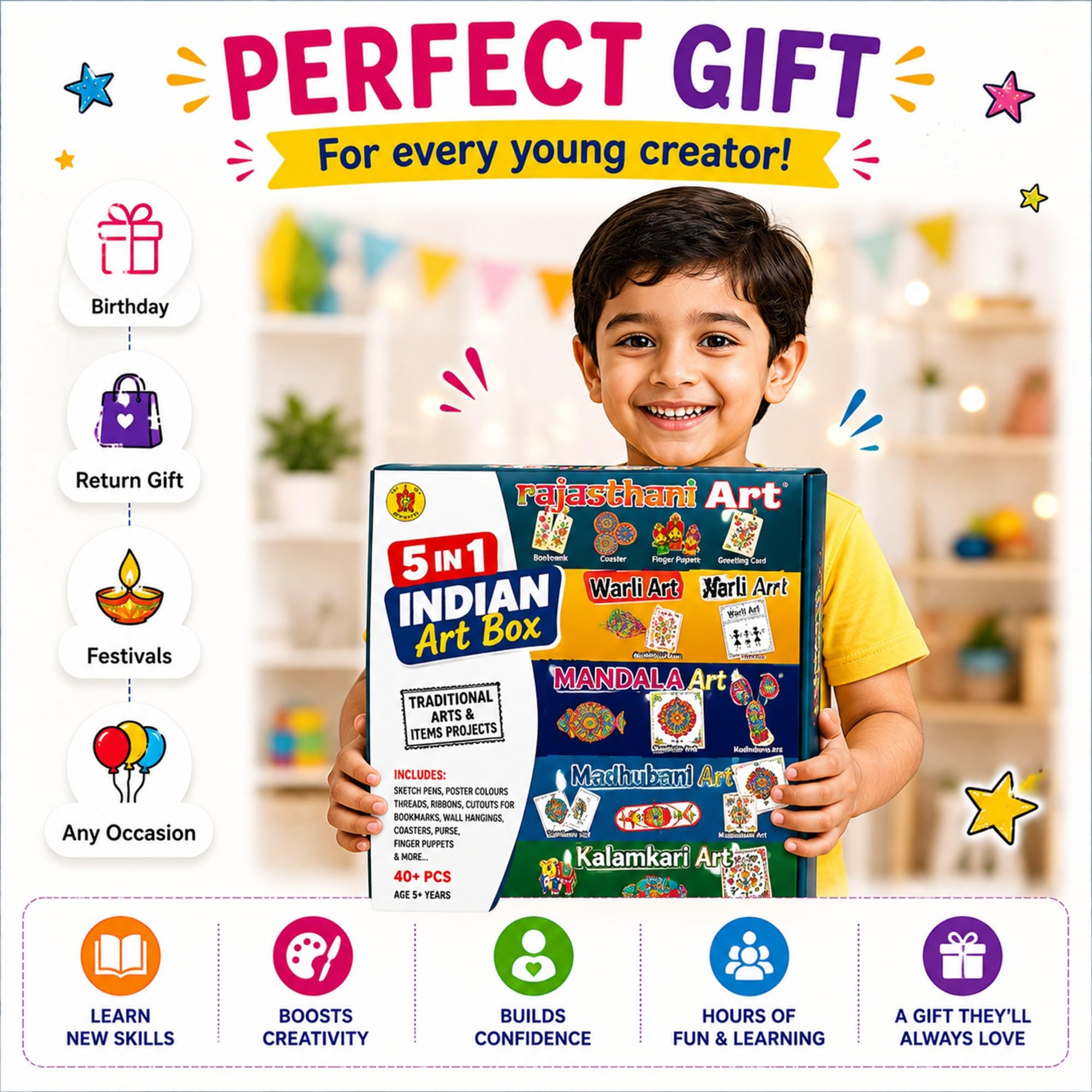 FUN NATION 5 in 1 Indian Art Craft Kit for Kids (5+ Years) | Drawing & DIY Activity Kit | Toys for Girls 7-14 Years | Gift for Girls Age 8-10 & 12-14 Years | Creative Learning Set