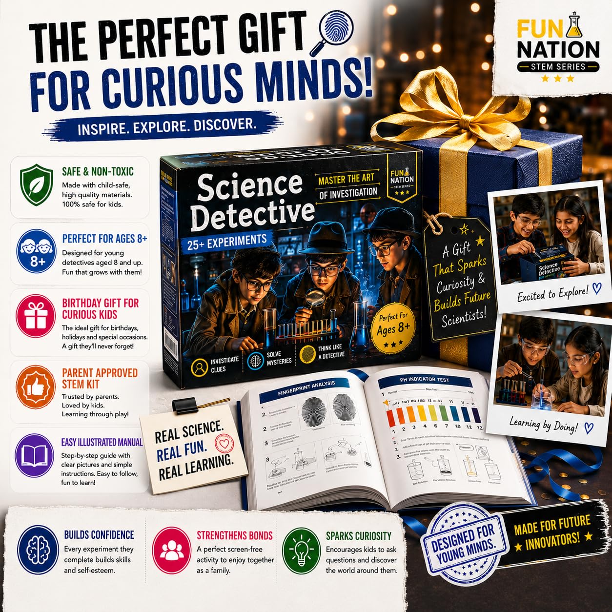 Fun Nation Science Detective Kit 25+ Experiments | STEM Science Experiment Kit for Kids Ages 8-12 | Educational Chemistry & Forensic Lab Toy | Birthday Gift & Return Gift