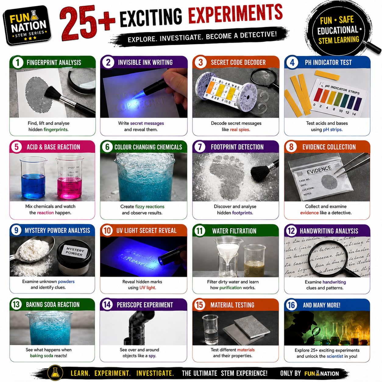 Fun Nation Science Detective Kit 25+ Experiments | STEM Science Experiment Kit for Kids Ages 8-12 | Educational Chemistry & Forensic Lab Toy | Birthday Gift & Return Gift