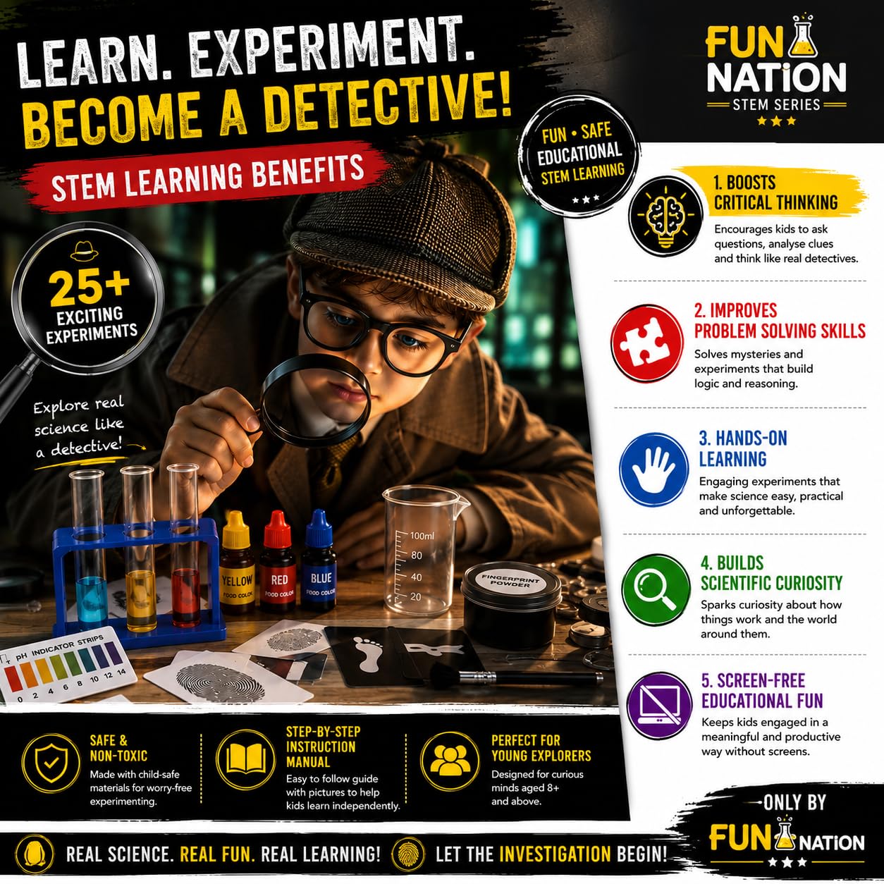 Fun Nation Science Detective Kit 25+ Experiments | STEM Science Experiment Kit for Kids Ages 8-12 | Educational Chemistry & Forensic Lab Toy | Birthday Gift & Return Gift