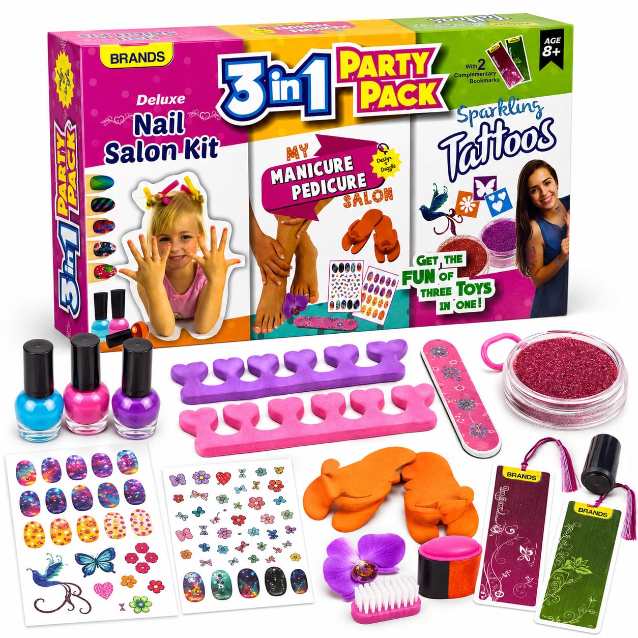FUN NATION 3-in-1 Nail Salon Kit | Manicure Pedicure Set for Girls 8-14 Years | DIY Beauty Activity with Nail Polish, Stickers & Sparkling Tattoos