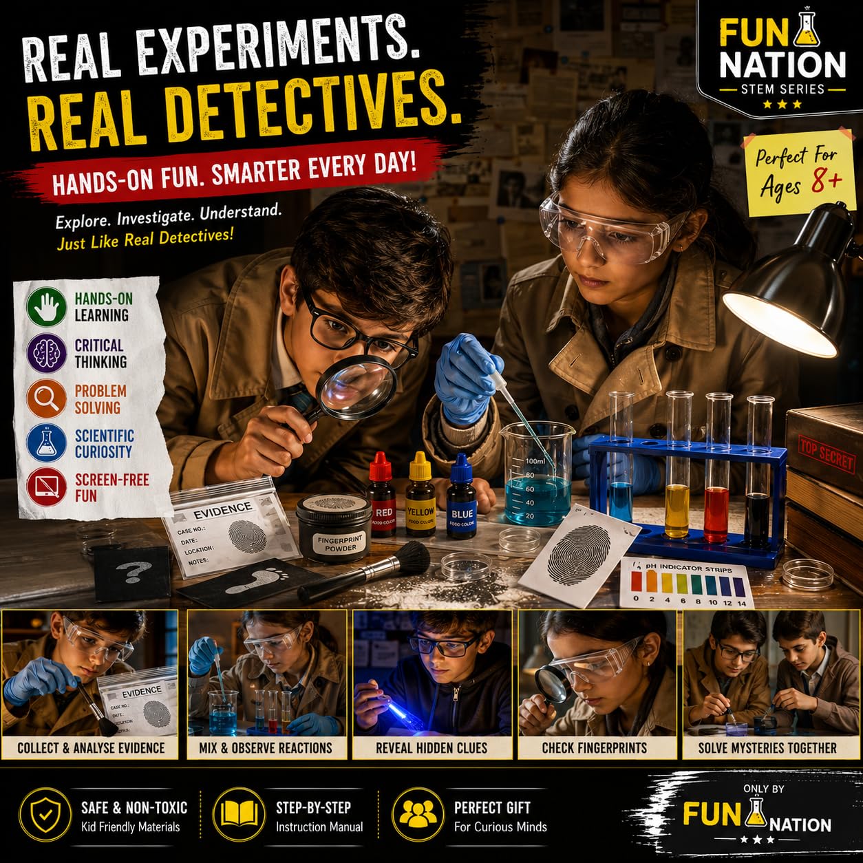 Fun Nation Science Detective Kit 25+ Experiments | STEM Science Experiment Kit for Kids Ages 8-12 | Educational Chemistry & Forensic Lab Toy | Birthday Gift & Return Gift