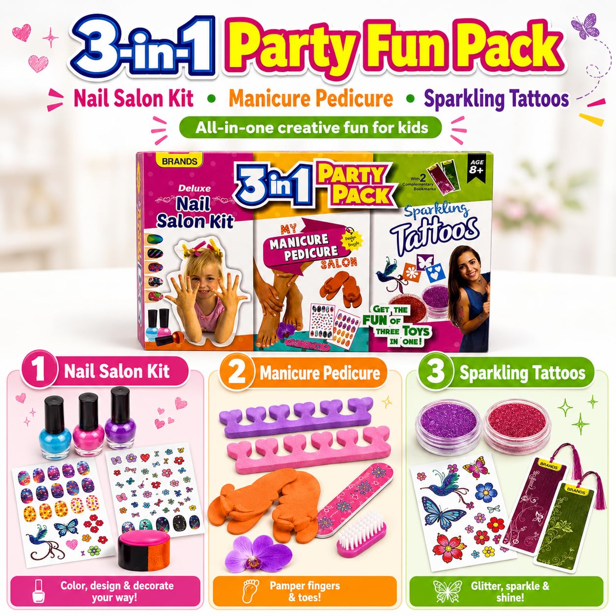 FUN NATION 3-in-1 Nail Salon Kit | Manicure Pedicure Set for Girls 8-14 Years | DIY Beauty Activity with Nail Polish, Stickers & Sparkling Tattoos