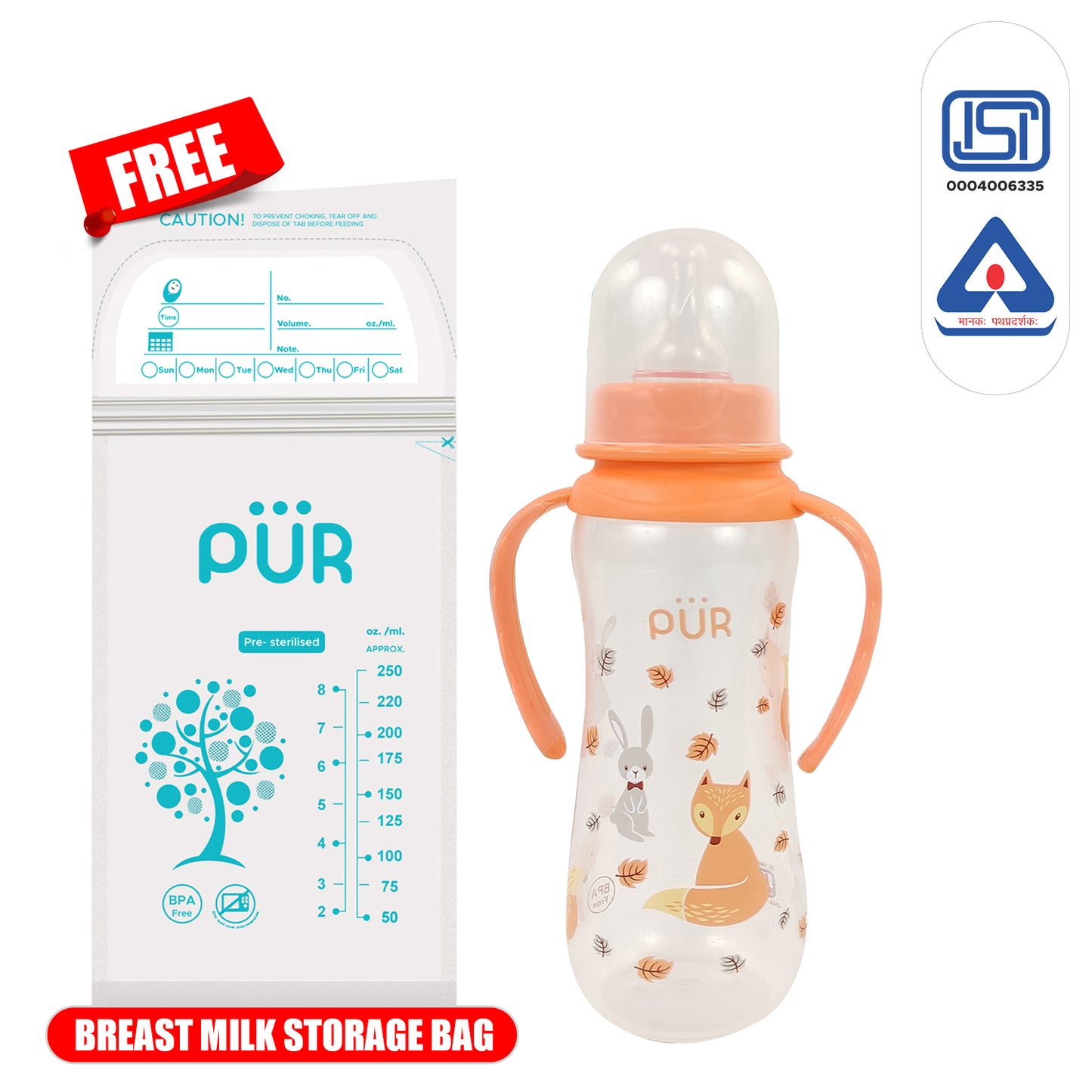 PUR Anti Colic Slim Neck Feeding Bottle with Grip Handle (250ml, Choose Any Color)