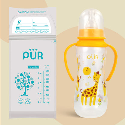 PUR Anti Colic Slim Neck Feeding Bottle with Grip Handle (250ml, Choose Any Color)