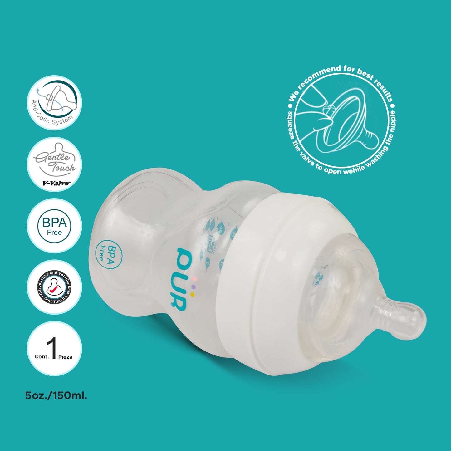 PUR Anti Colic Feeding Bottle for Baby (150ml, White)