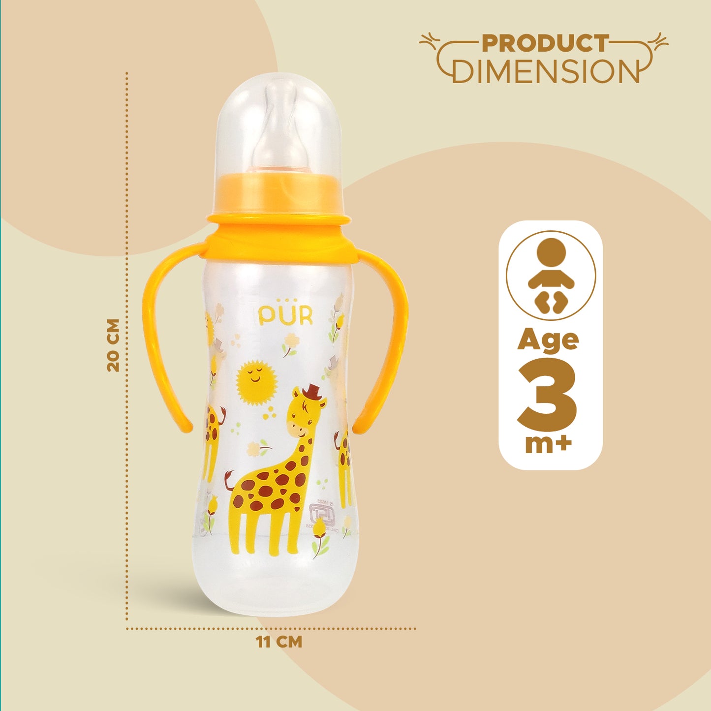 PUR Anti Colic Slim Neck Feeding Bottle with Grip Handle (250ml, Choose Any Color)