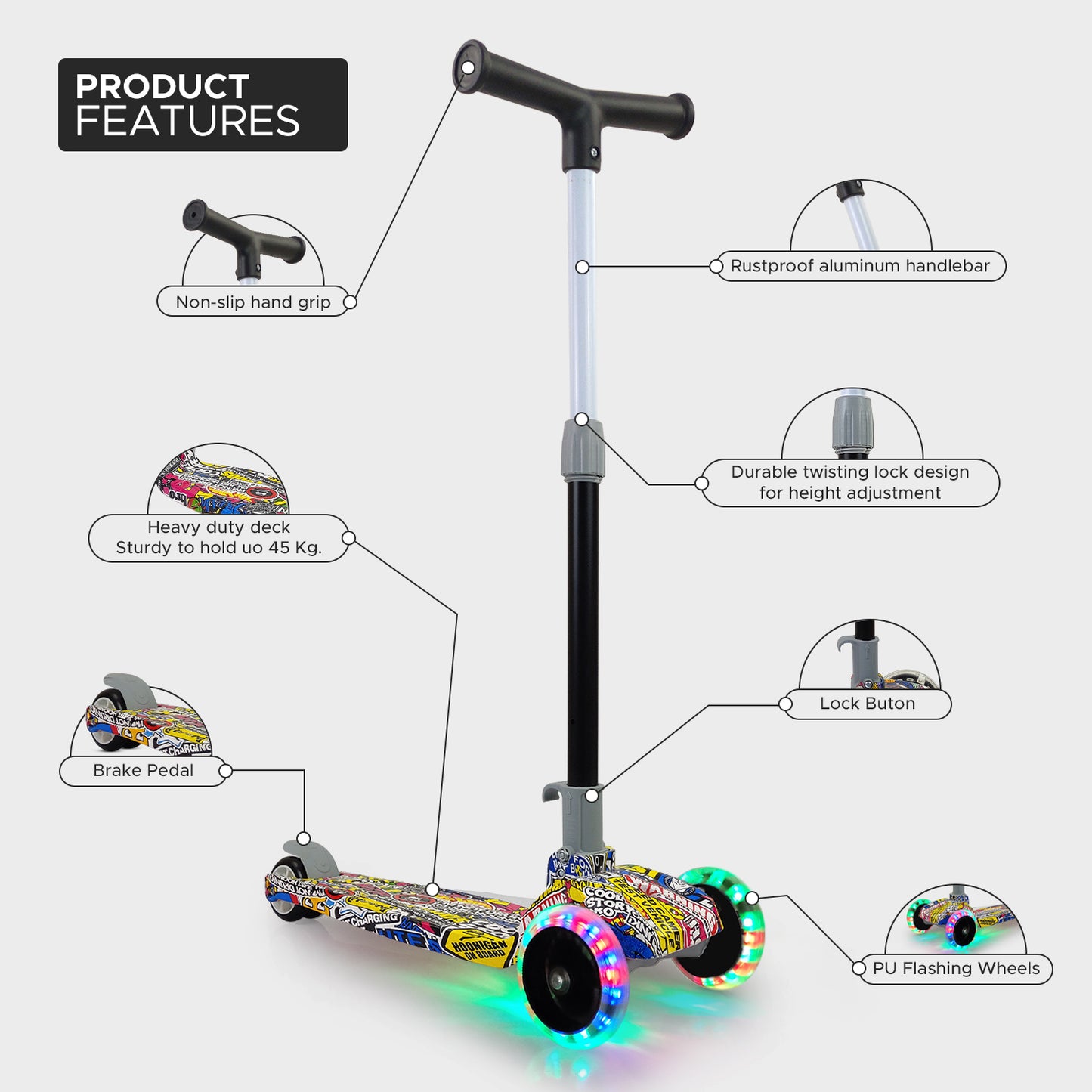 NHR_SCOOTER_019_LED_STORYTITLENHR Scooter with 4 Level Height Adjust & Foldable with LED Rotary Light Up Wheels